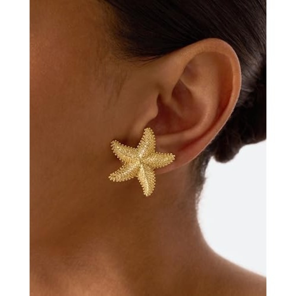 Gold Starfish Stud Earrings Textured Nautical Coastal‎ Jewelry Post Back New